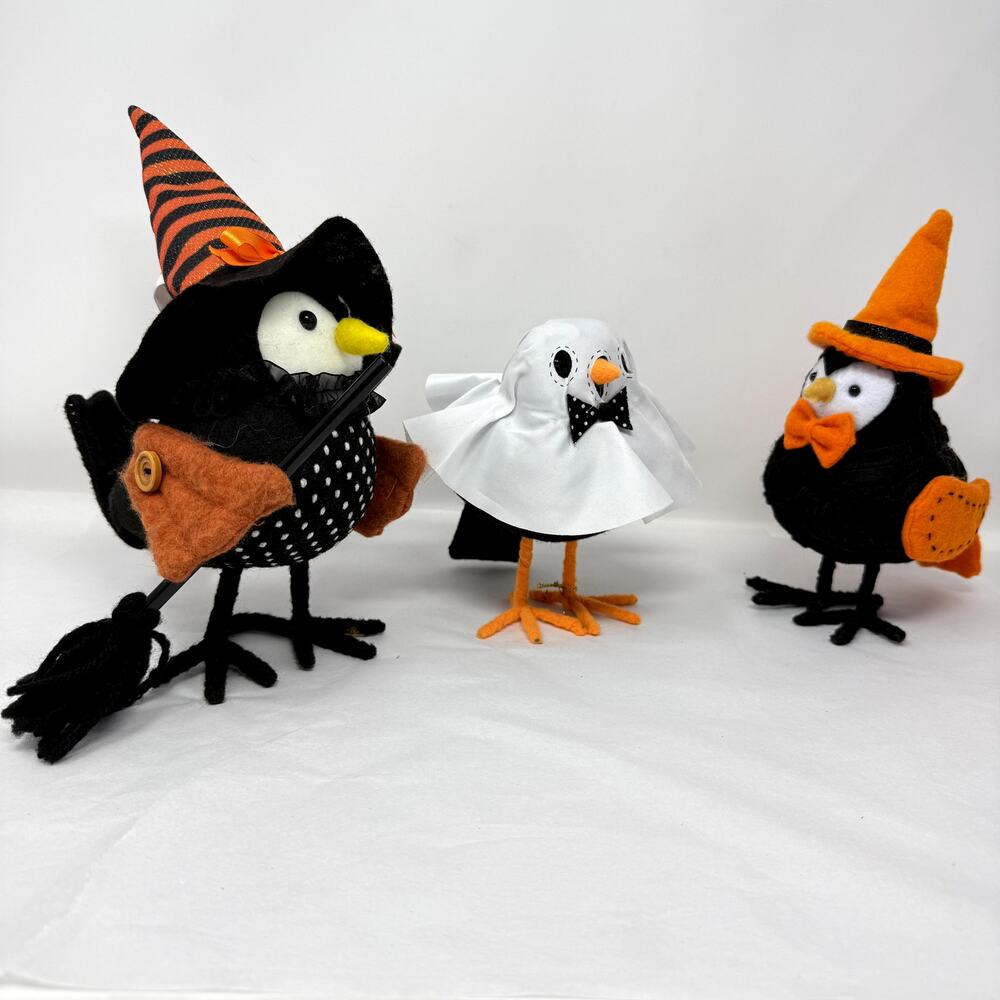 Halloween Bird Figurines Set 3 Witch Ghost Pumpkin Felt Tabletop Decor Spooky
